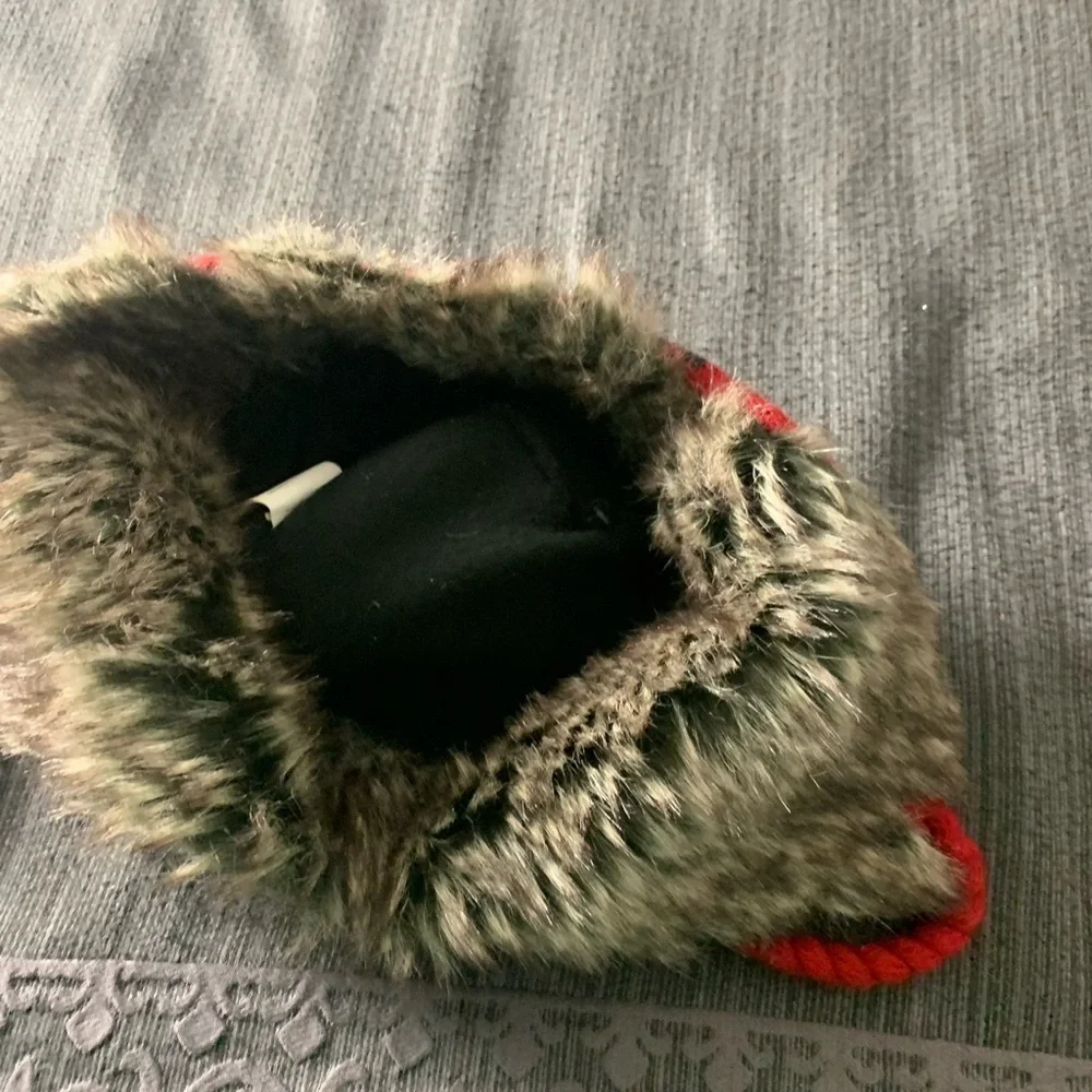 Vintage Faux Fur Christmas Snowflake Ski Winter Hat Red Grey